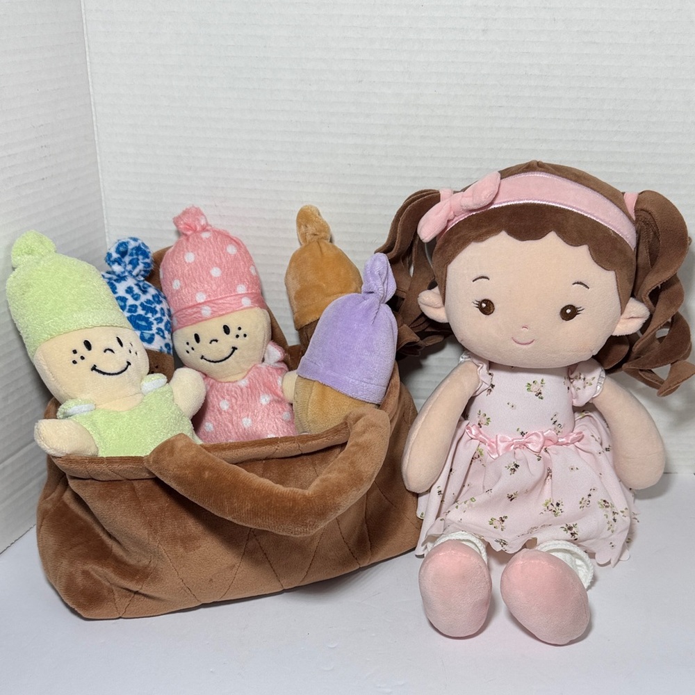 Plush Doll Bundle Leyadoll Large Doll + Surface Washable Baby Dolls w/ Basket